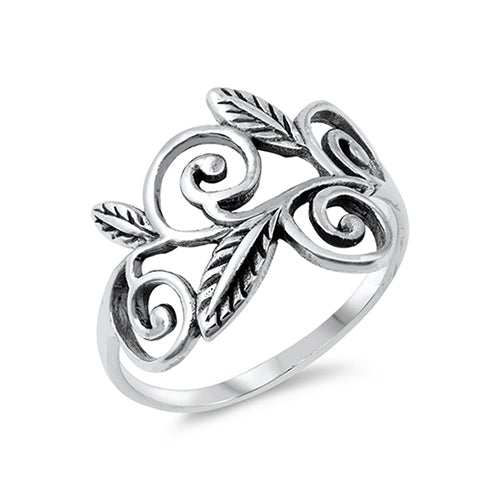 Chunky  silver ring with  leaves and swirls design. The silver has been oxidised to enhance these details. 