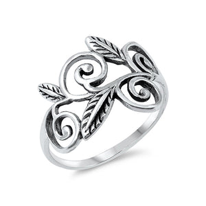 Chunky  silver ring with  leaves and swirls design. The silver has been oxidised to enhance these details. 