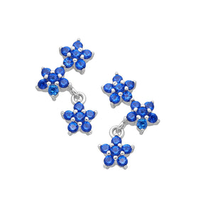 Pretty and delicate blue cubic zirconia flower drop earrings with a push back. There are three flowers on each earring, the first two flowers are fixed and the third flower is designed to move.   