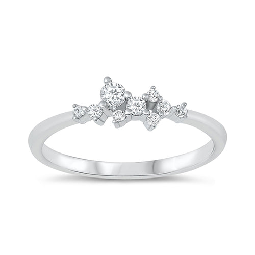 Delicate silver ring with a cluster of different sized cubic zirconia stones in the centre of the band.