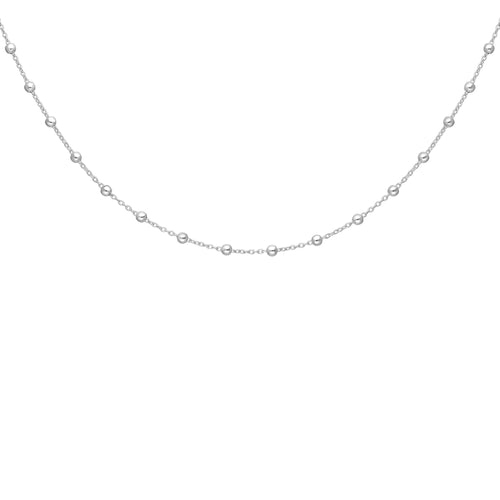 Pretty, delicate silver chain necklace with small silver balls distributed evenly throughout the chain.