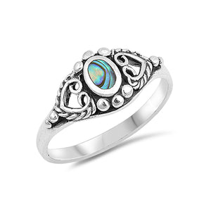 Pretty silver bohemian ring with an oxidised finish. In the centre of the ring is an abalone shell stone which sits between two sideways positioned hearts.