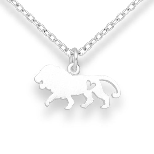 Pretty and delicate silver lion pendant necklace. There is a heart shape cut out of the pendant positioned just above the lions back legs. 