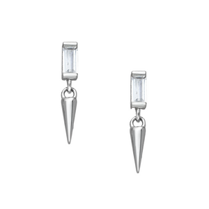  	Delicate silver cubic zirconia baguette stud earrings embellished with dainty hanging spikes. 