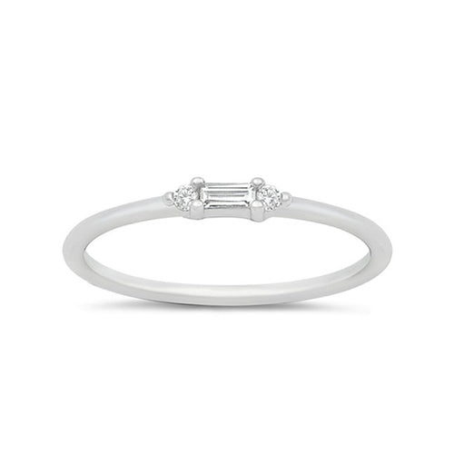 Pretty and dainty silver ring with a clear baguette cut cubic zirconia stone in the centre of the band. Two delicate round cut cubic zirconia stones are positioned either side of this stone. 