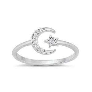 Silver delicate open ring with a crescent moon and a small star which is positioned within the moon. The moon is embellished with clear cubic zirconia stones and a single cubic zirconia stone sits within the star.