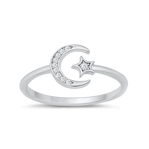 Silver delicate open ring with a crescent moon and a small star which is positioned within the moon. The moon is embellished with clear cubic zirconia stones and a single cubic zirconia stone sits within the star.