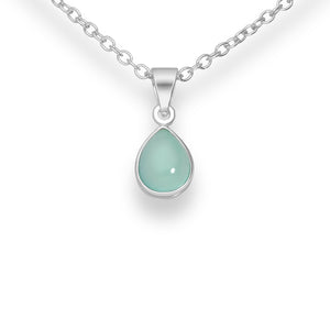 Delicate silver aqua chalcedony teardrop pendant necklace. 