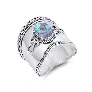  Chunky silver bohemian Bali ring embellished with an abalone shell stone and detailed with silver rope and swirl designs.