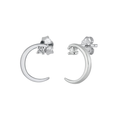 Delicate silver crescent moon stud earrings embellished with a dainty clear cubic zirconia stone under the top of the crescent.