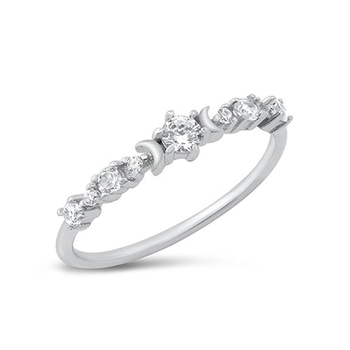 Delicate and pretty silver half eternity ring embellished with alternating smaller and larger clear cubic zirconia stones. In the centre of the band is the largest cubic zirconia stone which is positioned between two backwards facing small crescent moons. 