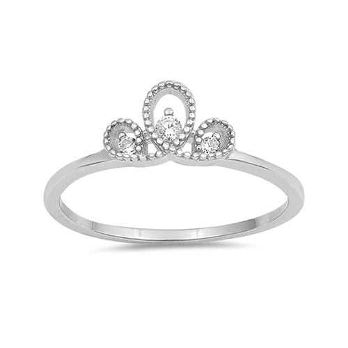 Delicate, pretty and simple silver ring with a loop like design comprised of tiny silver dots. There are three round cut clear cubic zirconia stones which sit within each of the three loops. 