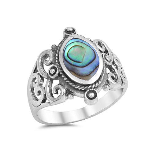 Chunky silver bohemian Bali ring embellished with a large marquise cut abalone shell stone. The ring band is detailed with cut out swirl designs either side of the stone. 