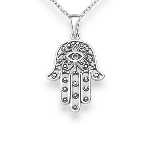 Chunky silver Hamsa pendant necklace with an oxidised finish to enhance the details of the design. 