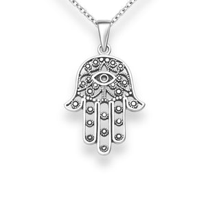 Chunky silver Hamsa pendant necklace with an oxidised finish to enhance the details of the design. 