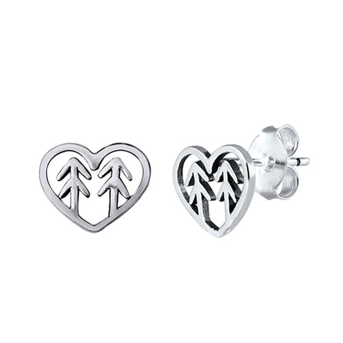 Pretty silver cut out heart stud earrings with two cut out tree shapes positioned within each heart. 