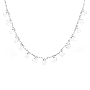 Pretty and delicate silver chain necklace embellished with fifteen small silver hanging discs. 