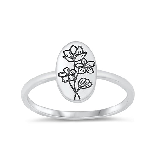 Pretty silver ring with an engraved design of three delicate flowers. 