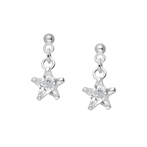 Pretty silver stud earrings with a hanging clear cubic zirconia star.