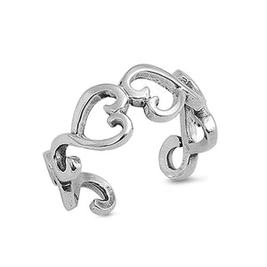 Chunky bohemian silver midi ring with a band comprised of interconnected swirly hearts.  