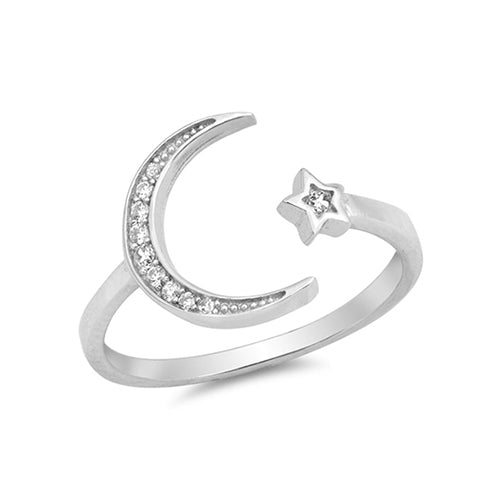 Large silver open ring with a crescent moon and a small star which is positioned within the moon. The moon is embellished with clear cubic zirconia stones and a single cubic zirconia stone sits within the star.