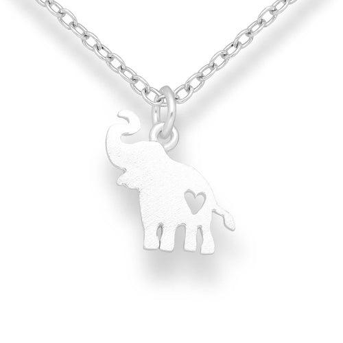 Pretty and delicate silver elephant pendant necklace. There is a heart shape cut out of the pendant positioned just above the elephants back legs.