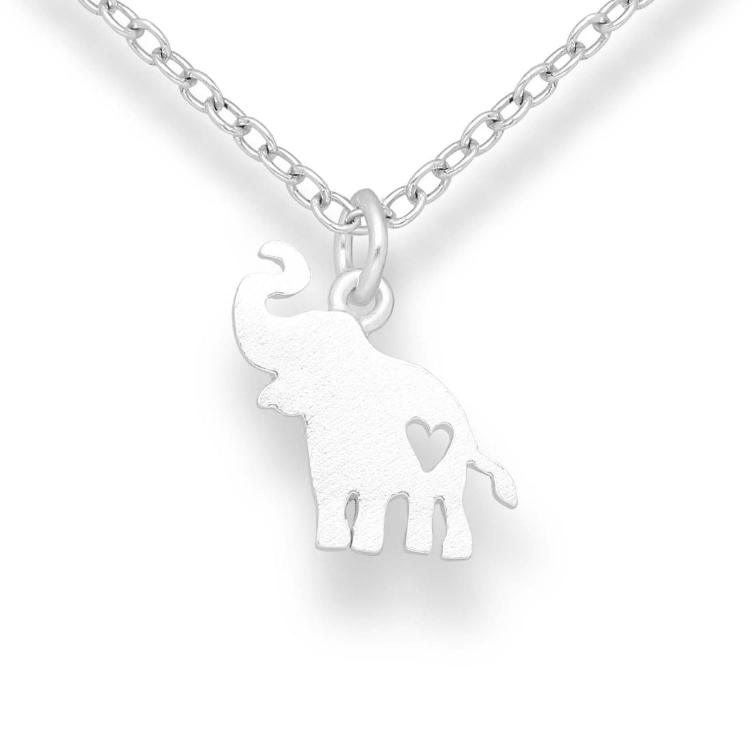 Pretty and delicate silver elephant pendant necklace. There is a heart shape cut out of the pendant positioned just above the elephants back legs.