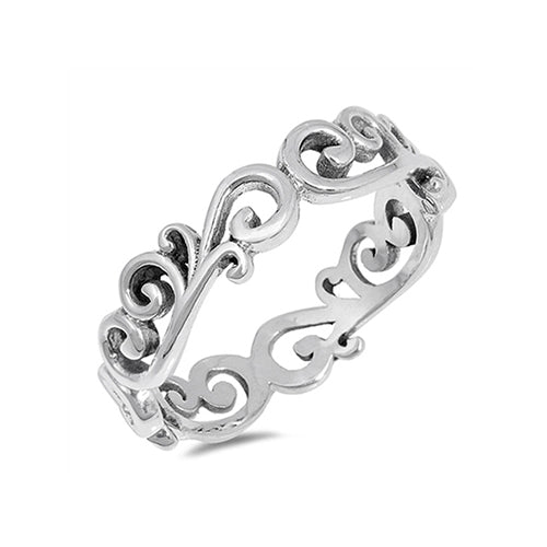 Pretty bohemian silver ring with a band comprised of interconnecting swirls. 