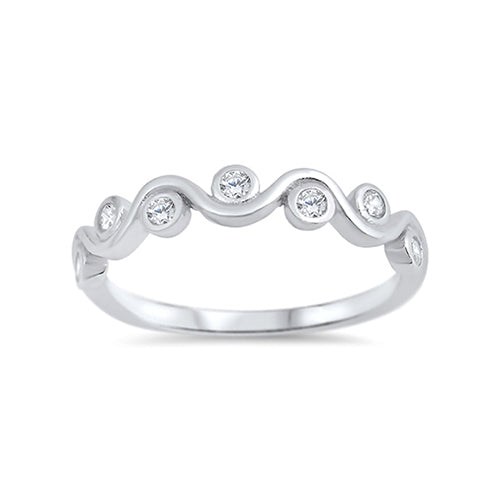 Pretty silver ring with a wave shaped band embellished with clear cubic zirconia stones which sit between the waves.