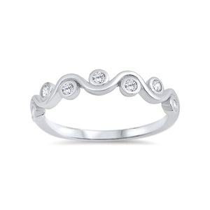 Pretty silver ring with a wave shaped band embellished with clear cubic zirconia stones which sit between the waves.