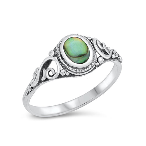  Pretty silver bohemian ring with an oxidised finish embellished with an abalone stone. The band of the ring either side of the stone is decorated with an intricate swirl design. 