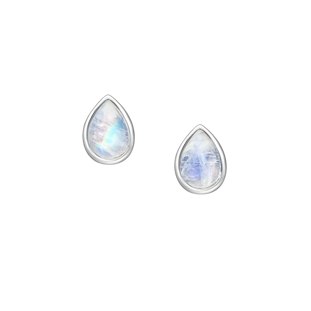 Silver teardrop rainbow moonstone stud earrings.