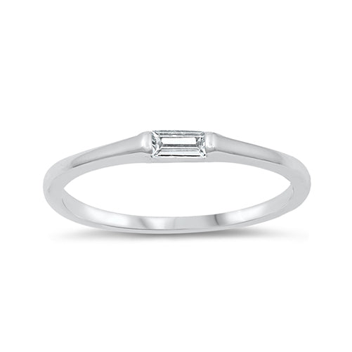 Pretty and delicate silver ring embellished with a baguette cut clear cubic zirconia stone placed horizontally in the centre of the band. 