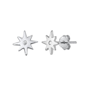 Pretty and delicate silver starburst stud earrings embellished with a tiny clear cubic zirconia stone in the centre of the stars. 