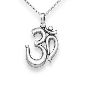 Chunky silver Om symbol pendant necklace with an oxidised finish.