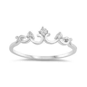 Pretty and delicate silver ring with a simple, minimalist crown design. The ring is embellished with three clear cubic zirconia stones; the largest stone sits in the centre of the band and the two smaller stones sit either side of this stone. 