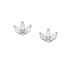 Pretty and delicate silver fan earrings comprised of three marquise cut clear cubic zirconia stones. A single small cubic zirconia stone sits in the centre of where the three marquise stones meet. 