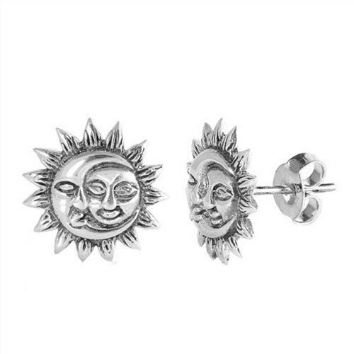 Bohemian silver sun and moon stud earrings. The earrings are in the shape of the sun, with a crescent moon encompassed within the design. Both the sun and the moon have faces. 