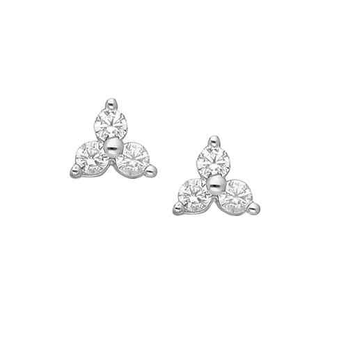 Dainty silver three dot trio stud earrings with clear cubic zirconia stones.