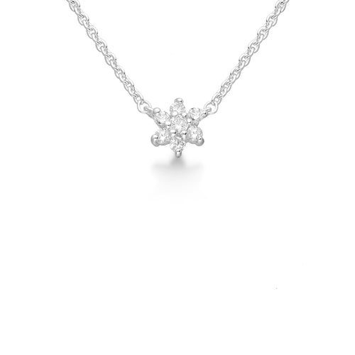 Pretty and delicate silver necklace with a tiny clear cubic zirconia flower which sits in the centre of the chain. 