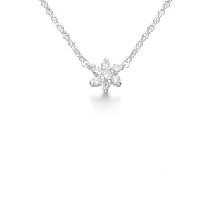 Pretty and delicate silver necklace with a tiny clear cubic zirconia flower which sits in the centre of the chain. 